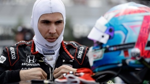In this Aug. 18, 2018, file photo, Robert Wickens prepares to qualify for an IndyCar series auto race in Long Pond, Pa. (AP Photo/Matt Slocum)