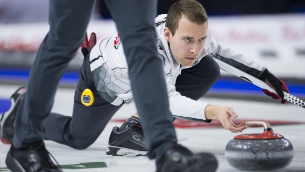 Team Wildcard skip Brendan Bottcher makes a shot during the Page Playoff 3 vs 4 draw against team Canada at the Brier in Brandon, Man. Saturday, March, 9, 2019. THE CANADIAN PRESS/Jonathan Hayward