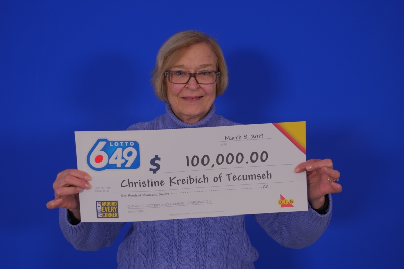 Christine Kreibich of Tecumseh won $100,00 in the February 16, 2019 LOTTO 6/49 draw. (Photo courtesy OLG)