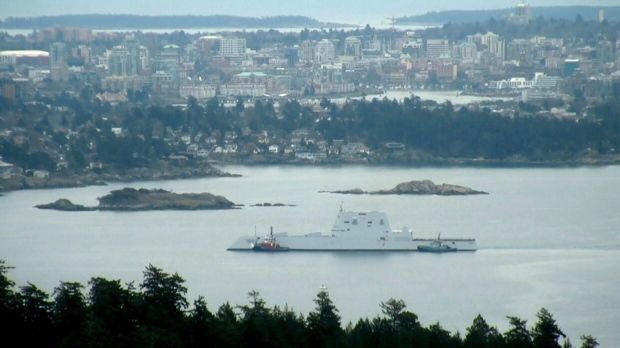 The USS Zumwalt, the U.S. Navy's largest and most advanced destroyer, visits Victoria on March 11, 2019. (CTV Vancouver Island)