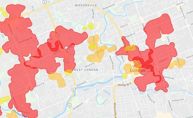 Map from London Hydro shows power outages