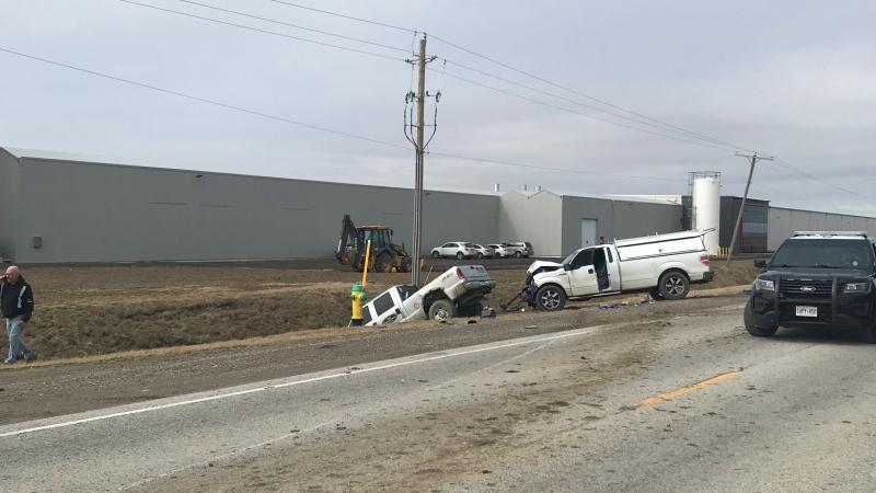 OPP respond to a multi-vehicle crash on Highway 77 in Leamington on March 13, 2019. (Courtesy OPP)