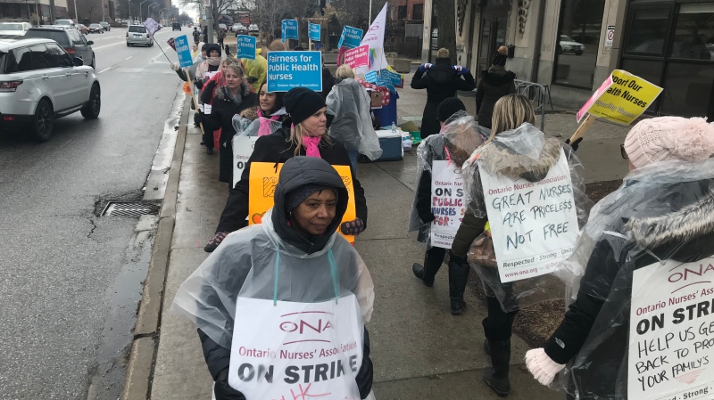 Striking nurses employed by the Windsor-Essex County Health Unit walk the picket line on March 13, 2019. (Angelo Aversa / CTV Windsor)