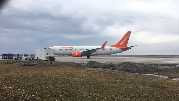A Sunwing branded Boeing 737 MAX 8 plane parked at the Windsor International Airport on March 14, 2019. (Bob Bellacicco / CTV Windsor)