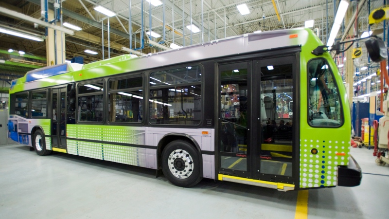 An electric bus is shown at the Nova Bus production plant in St. Eustache, Que., on March 7, 2012. (THE CANADIAN PRESS / Graham Hughes)