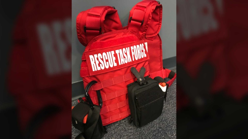 Rescue task force body armour is on display at a news conference in Vancouver on Friday, March 22, 2019. (Peter Bremner / CTV News Vancouver)
