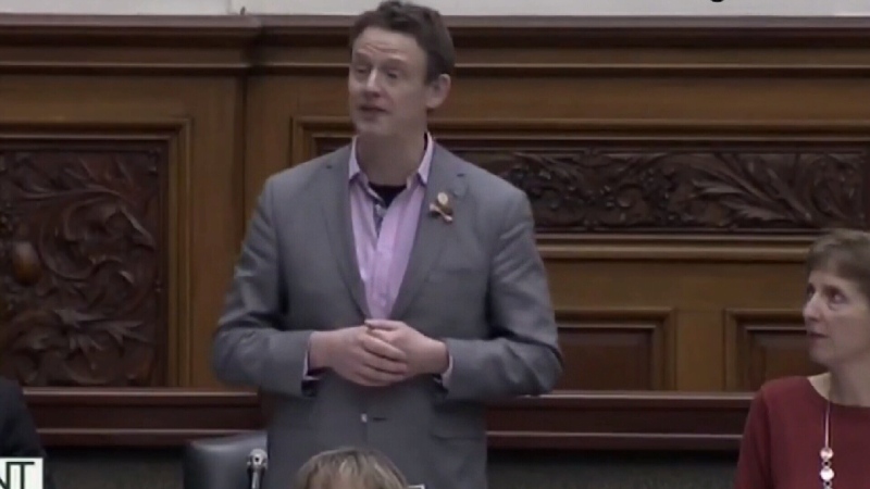 MPP Joel Harden speaking in Ontario legislature March 21, 2019.