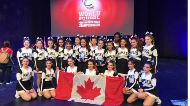 The Maples Collegiate pom team finished in fourth place, representing Manitoba and Canada, at the 2019 World School Performance Cheer Championships in Orlando last month. (Credit: Kelcie Terrick)