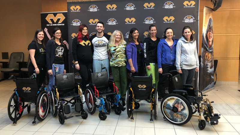 The Fight Like Mason donates five customized wheelchairs to Windsor Regional Hospital in Windsor, Ont., on Tuesday, March 26, 2019. (Melanie Borrelli / CTV Windsor)