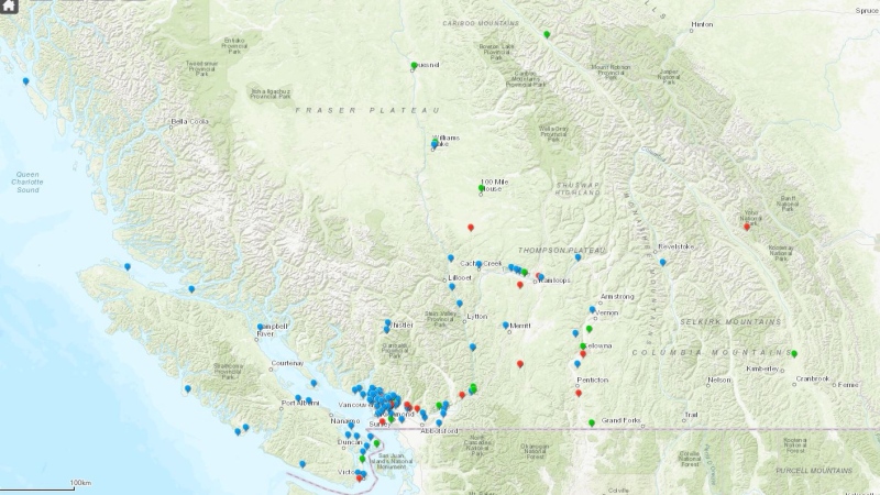 An interactive map released March 27, 2019, displays detailed information regarding nearly 200 cases of unidentified remains found in B.C. (BC Coroners Service)