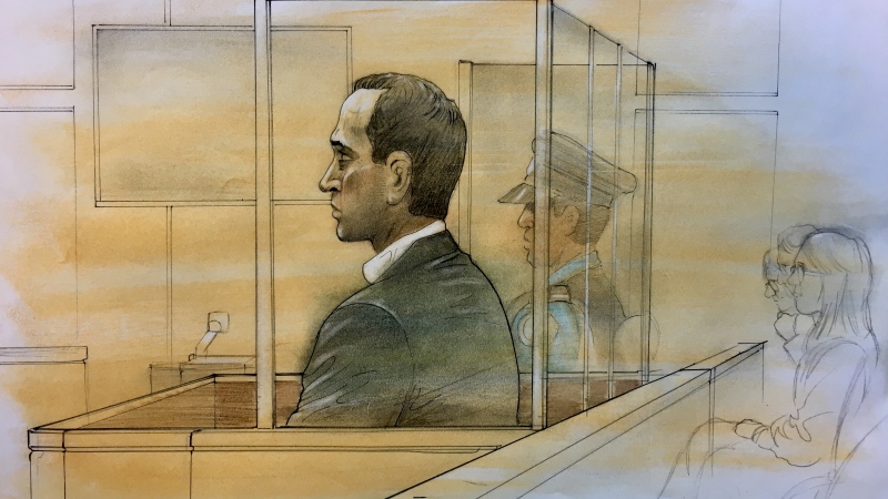 Mohammed Shamji appears in court on April 1, 2019. (Sketch by John Mantha)