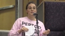Radio host Rachel Ettinger speaks on menstrual equality at city hall in London, Ont. on Monday, April 1, 2019. (Daryl Newcombe / CTV London)