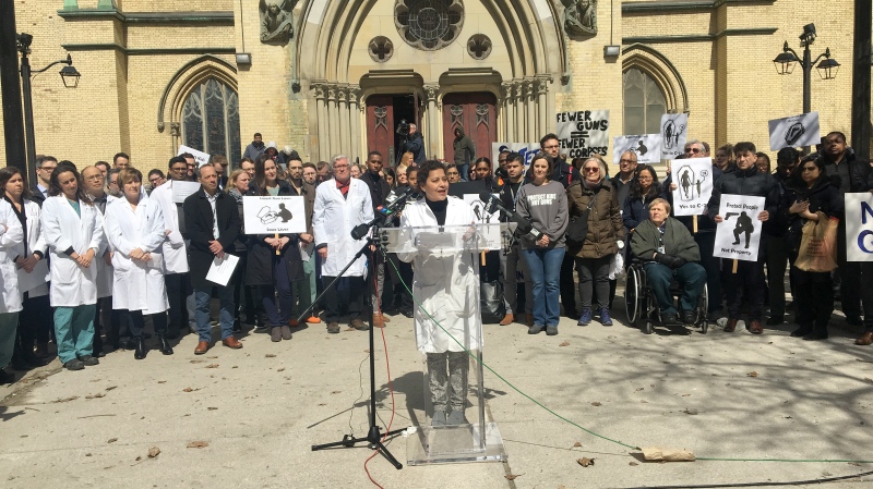 A group  of health professionals gathered in Toronto on April 3, 2019 to urge the Canadian government to implement stronger gun laws. (Ken Enlow/CTV News Toronto)