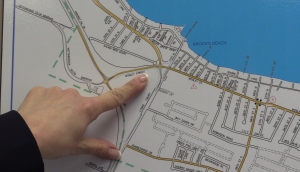The location of where the new Wasaga Beach casino is pointed out on a map.  Thurs., Apr. 4, 2019 (CTV News/Roger Klein)