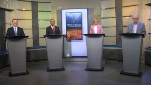 UCP leader Jason Kenney, Liberal leader David Khan, NDP leader Rachel Notley, and Alberta Party leader Stephen Mandel at the 2019 Alberta Leaders Debate