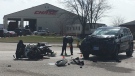 One person has been taken to hospital after a collision between a motorcycle and SUV on County Road 42 in Tecumseh, Ont, Monday, April 8, 2019. (Chris Campbell / CTV Windsor) 

