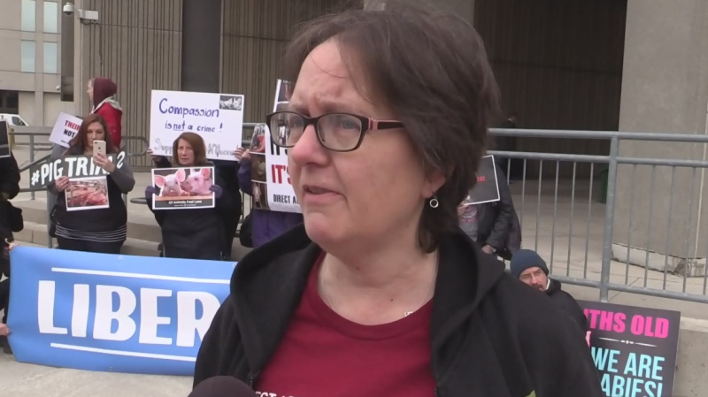 Jenny McQueen, an animal rights activist, speaks outside the courthouse in London, Ont. on Wednesday, April 10, 2019. (Gerry Dewan / CTV London)