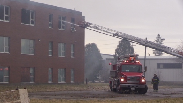Crews work at the scene of a fire at the old Centralia College in Huron Park, Ont. on Thursday, April 11, 2019. (Scott Miller / CTV London)