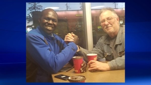 Calgary-East candidate Gar Gar and the landlord who damaged one of Gar's signs met on Friday for coffee and to discuss the incident (image: GarGar4YYCEast)