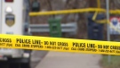 Police tape surrounds an area in Toronto's west-end where homicide detectives are investigating the death of a man on April 15, 2019.