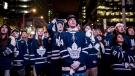 Fan react as the Toronto Maple Leafs lose to the Boston Bruins and are eliminated from the Stanley Cup playoffs in Toronto on Tuesday, April 23, 2019. Fans watched the action from Boston on large outdoor screens in Maple Leaf Square in Toronto. (THE CANADIAN PRESS/Christopher Katsarov)