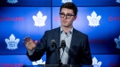 Toronto Maple Leafs general manager Kyle Dubas speaks to reporters after a locker clean out at the Scotiabank Arena in Toronto, on Thursday, April 25, 2019. (THE CANADIAN PRESS/Christopher Katsarov)