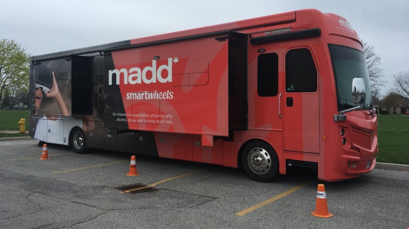 Mothers Against Drunk Driving bus has been visiting several schools in Windsor-Essex, Thursday, April 26, 2019. (Bob Bellacicco / CTV Windsor)