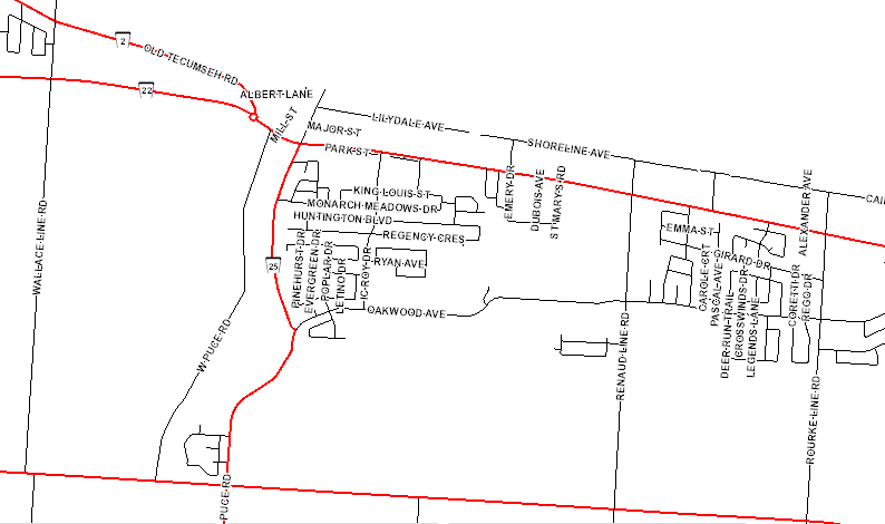 A map indicates the area of Lakeshore, Ont., bounded by Lake St. Clair, Rourke Line, the CP Rail tracks and Wallace Line, where residents are asked to limit water use.