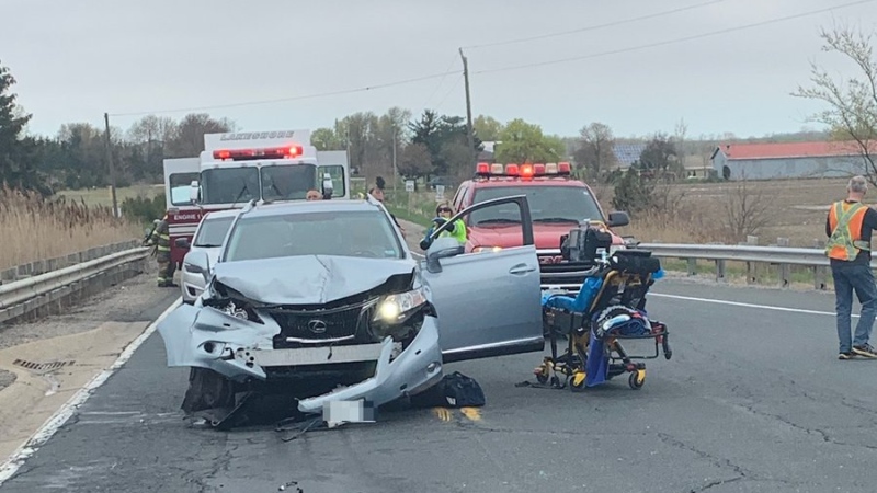 Essex County OPP are investigating a two-vehicle crash on the Highway 401 overpass at Puce Road in Lakeshore, Ont., on Thursday, May 2, 2019. (Courtesy OPP)