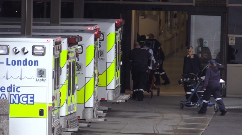 A back-up of ambulances sit outside a hospital in London, Ont. on Thursday, May 2, 2019. (Celine Moreau / CTV London)