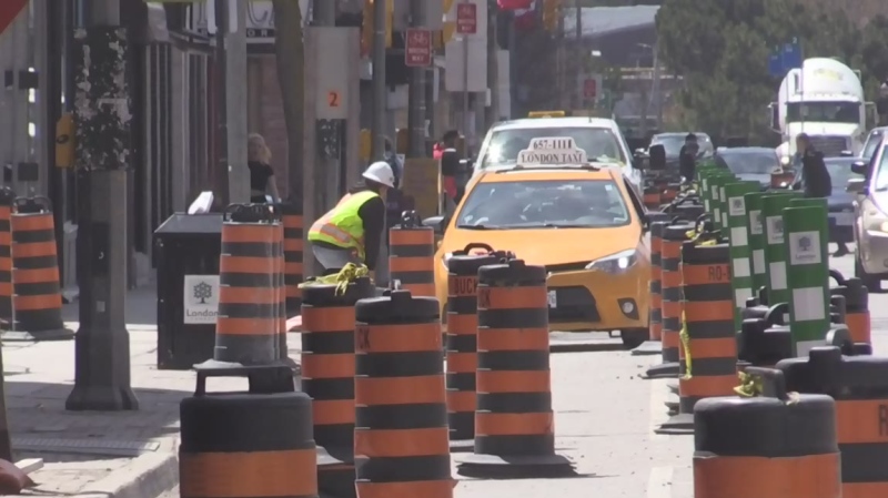 Construction work closes lanes on King Street in London, Ont. on Thursday, May 2, 2019. (Daryl Newcombe / CTV London)