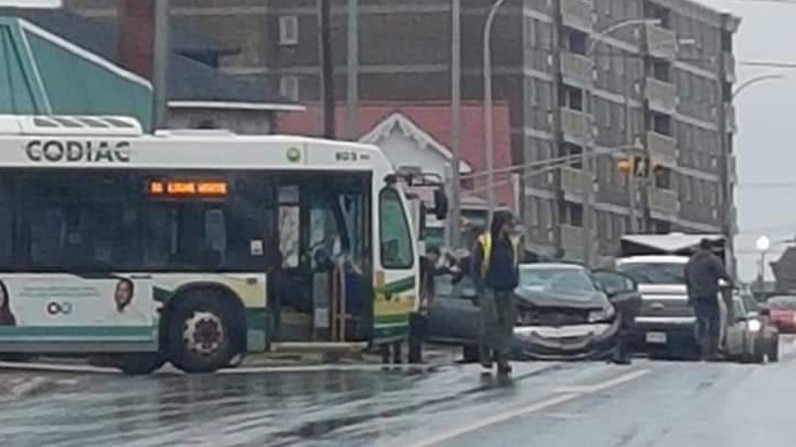 A car and Codiac Transpo bus collided in Moncton on April 23, 2019. (Submitted: Wade Perry)