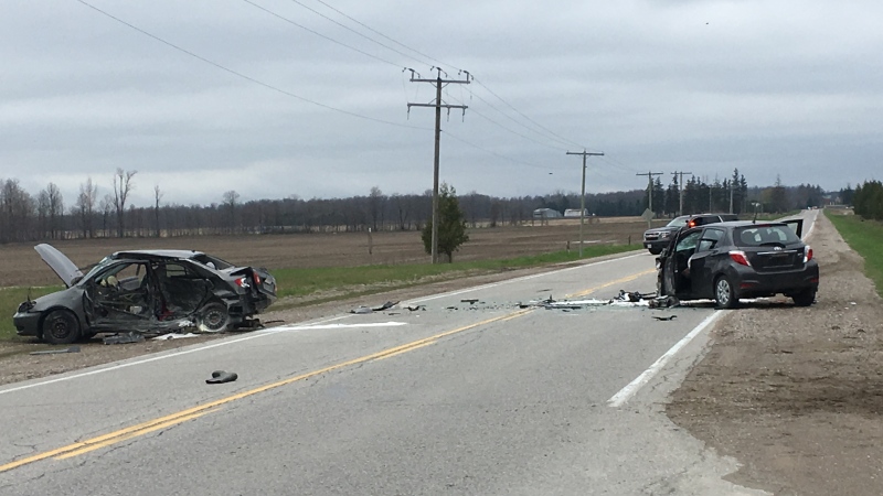 Two vehicles were involved in a collision north of London, Ont. on Friday, May 3, 2019. (Jim Knight / CTV London)