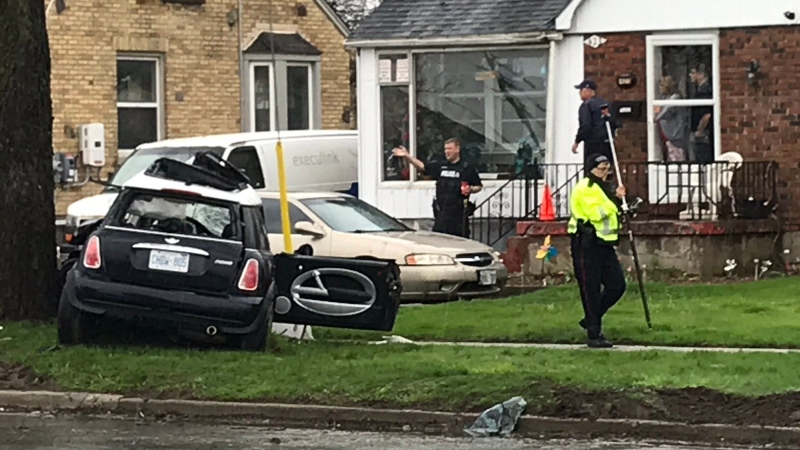 Police investigate after a fatal, single-vehicle crash on Clarke Road in London, Ont. on Tuesday, May 7, 2019. (Sean Irvine / CTV London)