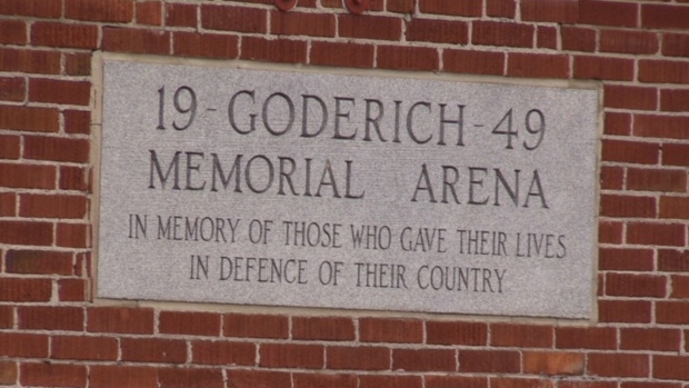 A marker on the Goderich Memorial Arena is seen in Huron County, Ont. on Tuesday, May 7, 2019. (Scott Miller / CTV London)