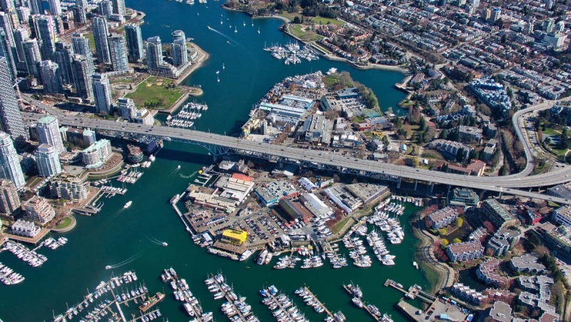 Granville Island and the Granville Street Bridge are seen from the air in spring 2019. (Pete Cline / CTV News Vancouver)