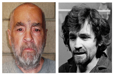 FILE - In a Dec. 17, 1970 file photo, right, Charles Manson is pictured en route to a Los Angeles courtroom. At left, a 74-year-old Manson is shown in a file photo from March 18, 2009 released by California corrections officials taken at Corcoran State Prison. (AP Photo/HO/Files)