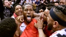 Toronto Raptors forward Kawhi Leonard (2) celebrates his last-second basket at the end of second half NBA Eastern Conference semifinal action against the Philadelphia 76ers, in Toronto on Sunday, May 12, 2019. THE CANADIAN PRESS/Frank Gunn