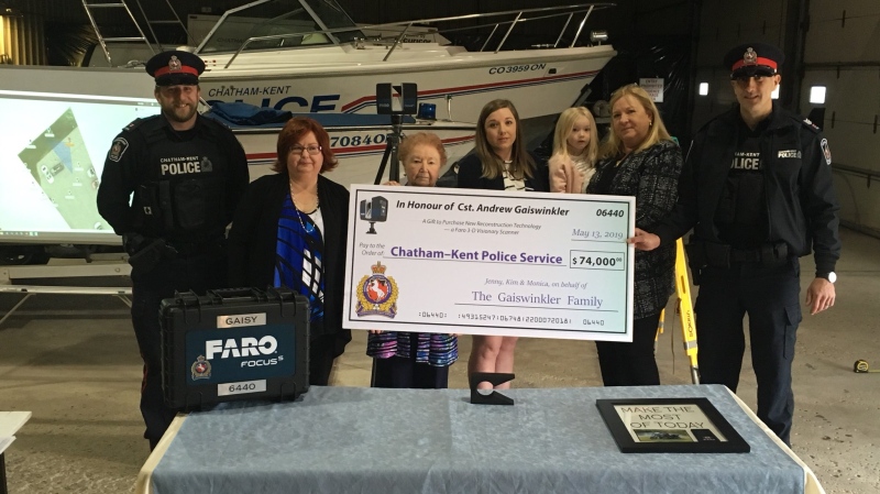 Const. Andrew Gaiswinkler’s family has donated $74,000 to the Chatham-Kent Police Service for a new scanner in Chatham-Kent on Monday, May 13, 2019. (Chris Campbell / CTV Windsor)