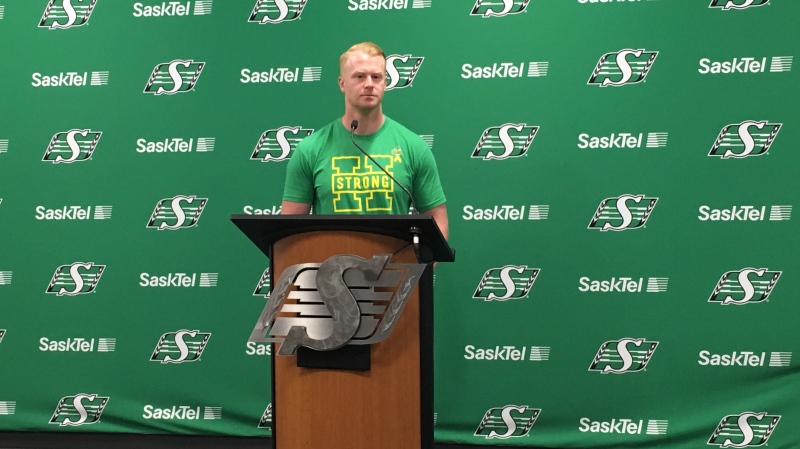Jon Ryan speaks to reporters after signing a one-year deal with the Saskatchewan Roughriders (Taylor Rattray / CTV Regina)