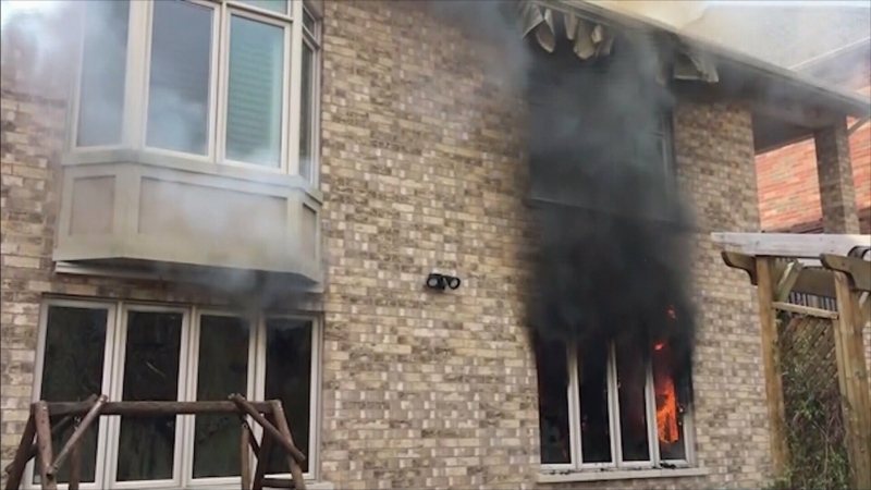 A house fire in Georgetown, Ont., can be seen on May 16, 2019, after a transformer explosion in neighbouring Acton. (CTV Toronto)