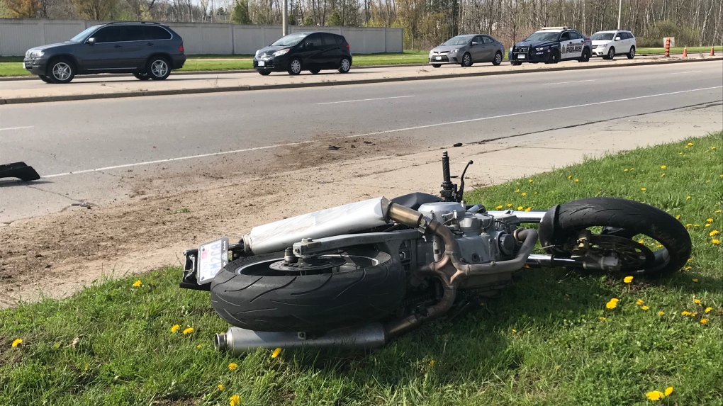 A motorcycle on its side