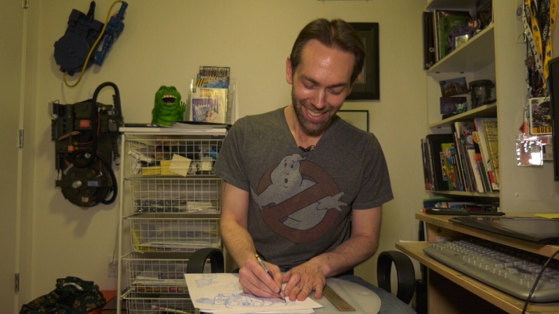 Victoria illustrator Dan Schoening draws the familiar franchise characters on printer paper before transferring them digitally. (CTV Vancouver Island)