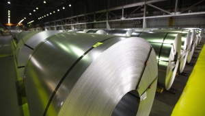 FILE - Rolls of coiled coated steel are shown at Stelco before a visit by the Chrystia Freeland, Minister of Foreign Affairs, in Hamilton on June 29, 2018. THE CANADIAN PRESS/Peter Power