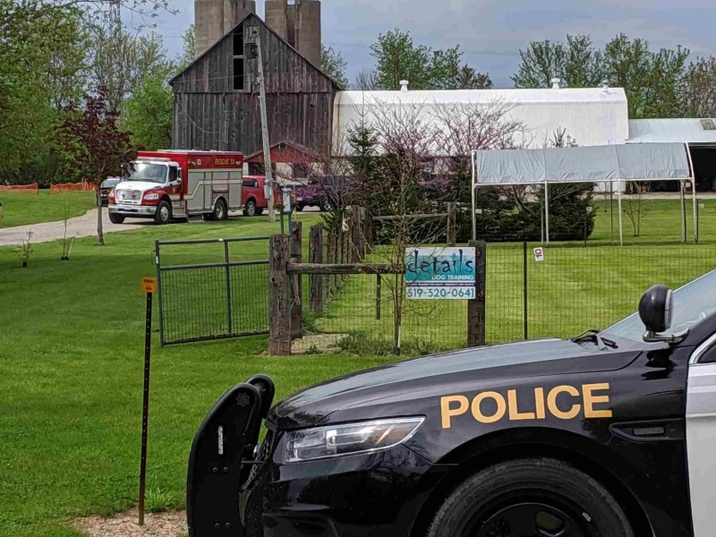 Emergency vehicles are on scene of an accident involving a lawn tractor on Mapleton Line in Central Elgin on Sunday, May 19, 2019.
(Joel Merritt / CTV London) 