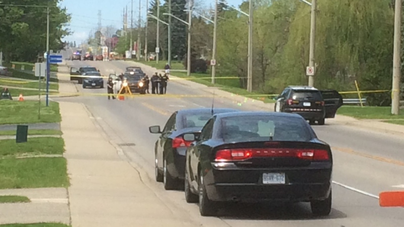 OPP have Broadway Street in Tillsonburg, Ont. blocked off on Tuesday, May 21, 2019 as they investigate a crash. (Wayne Jennings / CTV London) 
