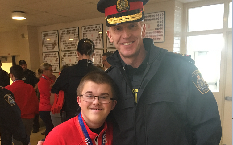 St. Thomas Police Chief Chris Herridge meets Special Olympian Julian, a member of the Arthur Voaden Secondary School gold-medal winning basketball team, on Tuesday, May 21, 2019.
(Brent Lale / CTV  London)