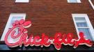 FILE - In this Oct. 30, 2018 file photo, Chick-fil-A signage is seen in downtown, Athens, Ga. (Joshua L. Jones/Athens Banner-Herald via AP, File)
