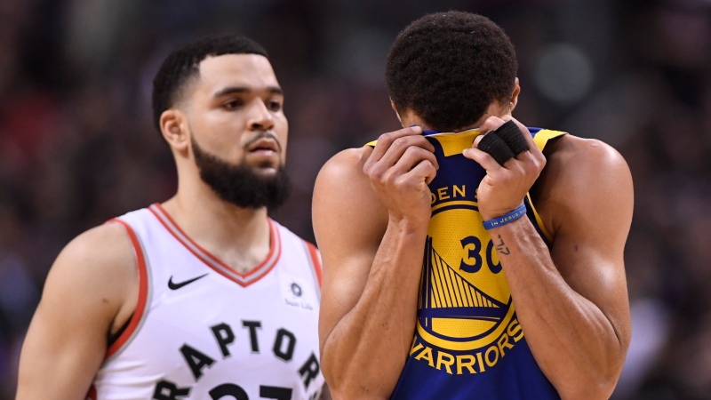 Golden State Warriors guard Stephen Curry (30) reacts during second half basketball action in Game 1 of the NBA Finals against the Toronto Raptors in Toronto on Thursday, May 30, 2019. THE CANADIAN PRESS/Frank Gunn