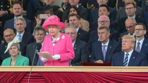 Queen Elizabeth II delivers a speech during commemorations for the 75th Anniversary of the D-Day landings at Southsea Common, Portsmouth, England, Wednesday, June 5, 2019. (Chris Jackson / Pool Photo via AP)